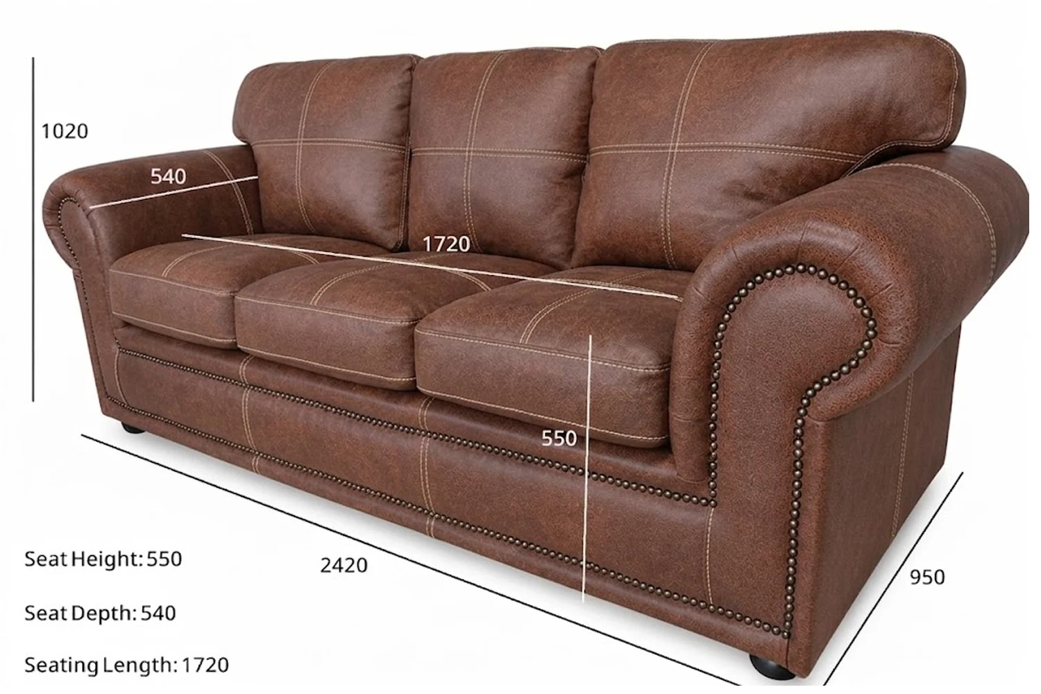 Afrikan Comfort Genuine Leather Sofa 3-Seater (Exotic Brandy) Dimensions