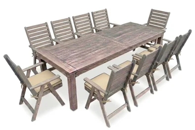 Aged Pine Patio Dining Set 10-Seater 3000mm x1 Table + x10 Highback Chairs + x10 beige seat cushions included (Undercover Only)