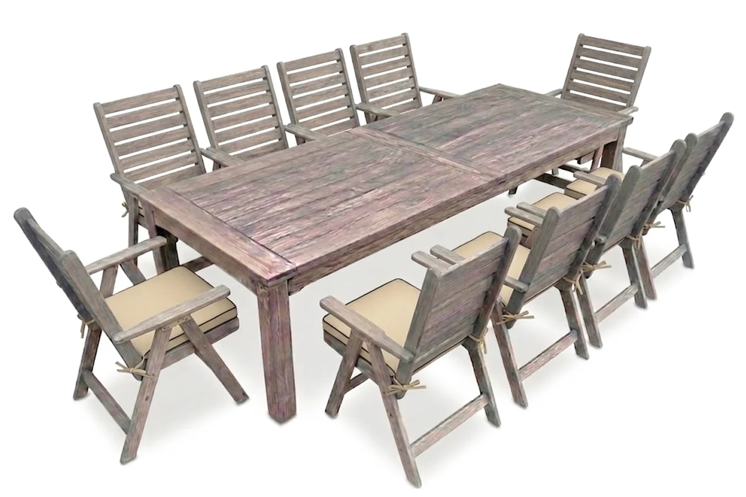 Aged Pine Patio Dining Set 10-Seater 3000mm x1 Table + x10 Highback Chairs + x10 beige seat cushions included (Undercover Only)