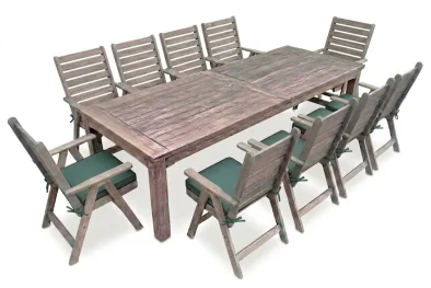 Aged Pine Patio Dining Set 10-Seater 3000mm x1 Table + x10 Highback Chairs + x10 green seat cushions included (Undercover Only)