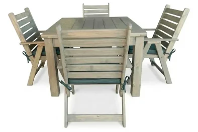 Aged Pine Patio Dining Set 4-Seater 1100mm | x1 Table + x4 Highback Chairs + Green Seat Cushions (Undercover Only)