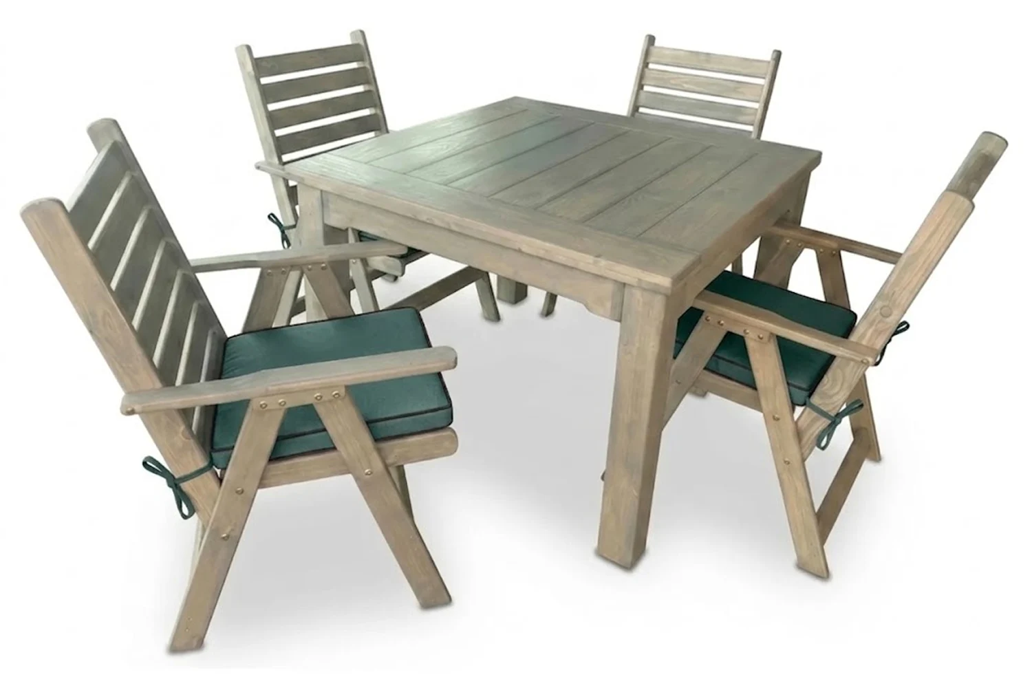 Aged Pine Patio Dining Set 4-Seater 1100mm | x1 Table + x4 Highback Chairs + Green Seat Cushions (Undercover Only)