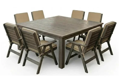 Aged Pine Patio Dining Set 8-Seater 1600mm Square | x1 Table + x8 Highback Chairs + Beige Seat & back Cushions (Undercover Only)