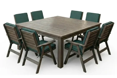 Aged Pine Patio Dining Set 8-Seater 1600mm Square | x1 Table + x8 Highback Chairs + Green Seat & back Cushions (Undercover Only)