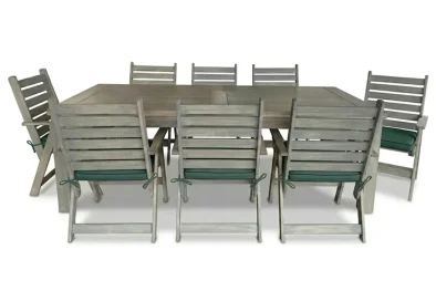 Aged Pine Patio Dining Set 8-Seater 2400mm x1 Table + x8 Highback Chairs + Green Seat Cushions (Undercover only)