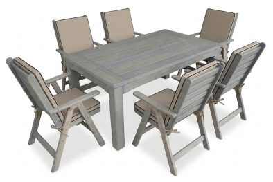 Aged Pine Patio Dining Set 6-Seater 1600mm | x1 Table + x6 Highback Chairs + Beige Seat & Back Cushions (Undercover only)