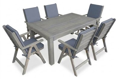 Aged Pine Patio Dining Set 6-Seater 1600mm | x1 Table + x6 Highback Chairs + Charcoal Seat & Back Cushions (Undercover only)