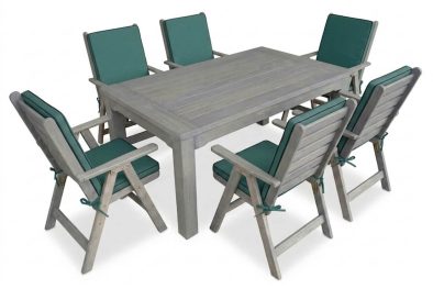 Aged Pine Patio Dining Set 6-Seater 1600mm | x1 Table + x6 Highback Chairs + Green Seat & Back Cushions (Undercover only)