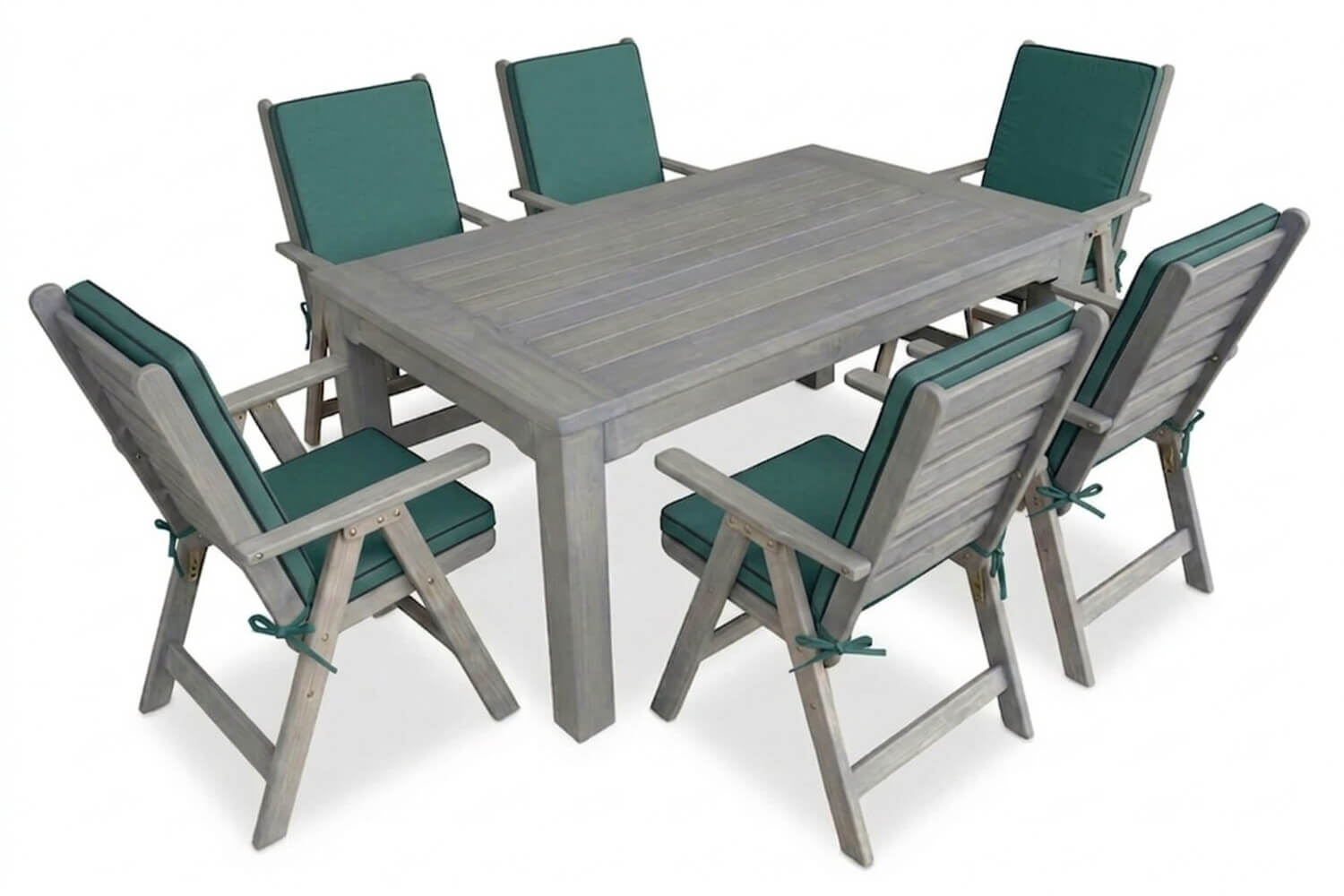 Aged Pine Patio Dining Set 6-Seater 1600mm | x1 Table + x6 Highback Chairs + Green Seat & Back Cushions (Undercover only)