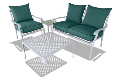 Aluminium Lounge Set 4-Piece 3-Seater | 1 1-seater + 1 Two-Seater + Coffee Table (White, Green Cushions)