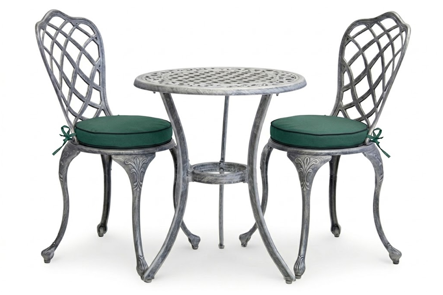 Coral Aluminium Dining Set 2-Seater 600mm Round (Silver, Green Cushions)