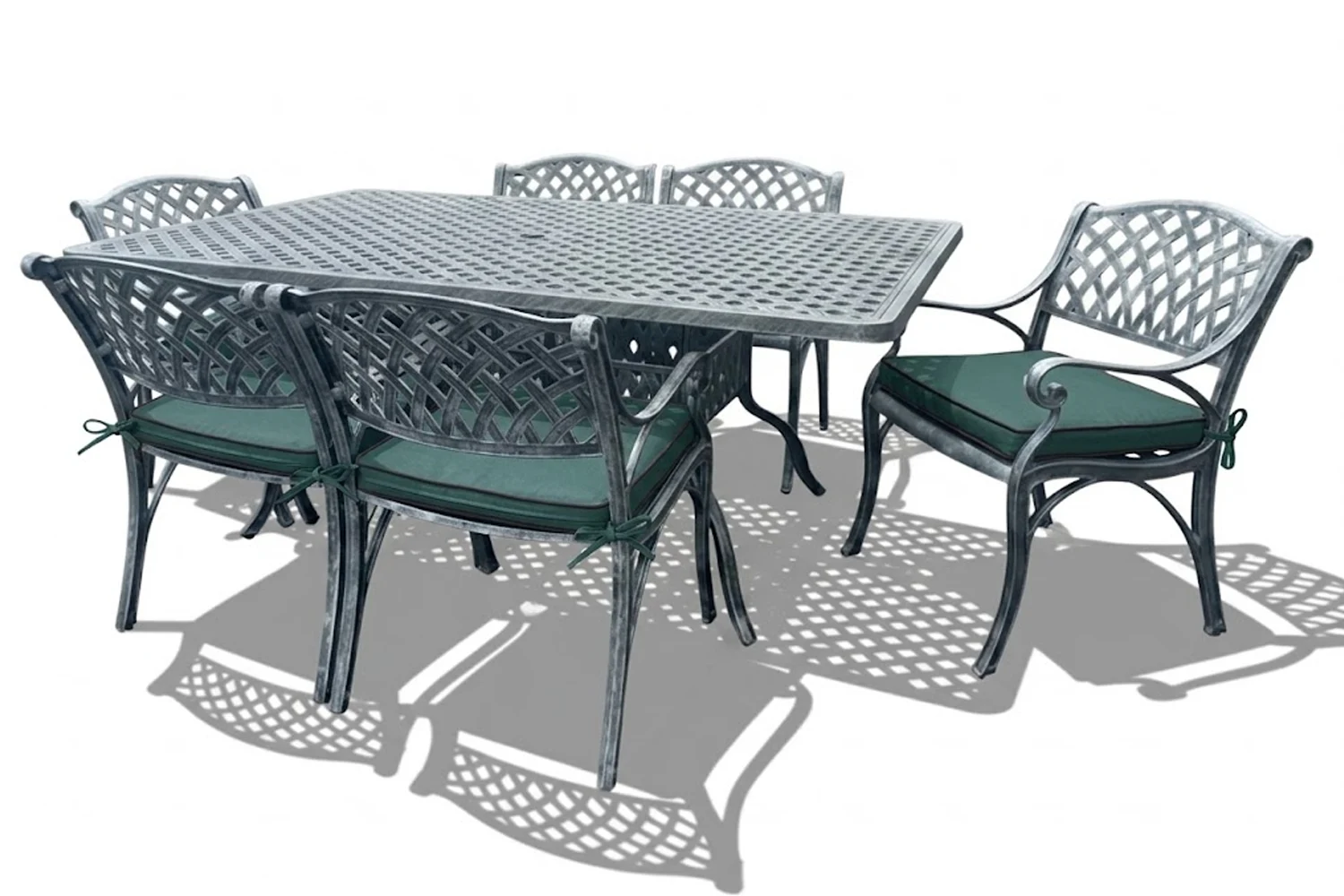 Cottage Aluminium Dining Set 6-Seater (Silver, Green Cushions)