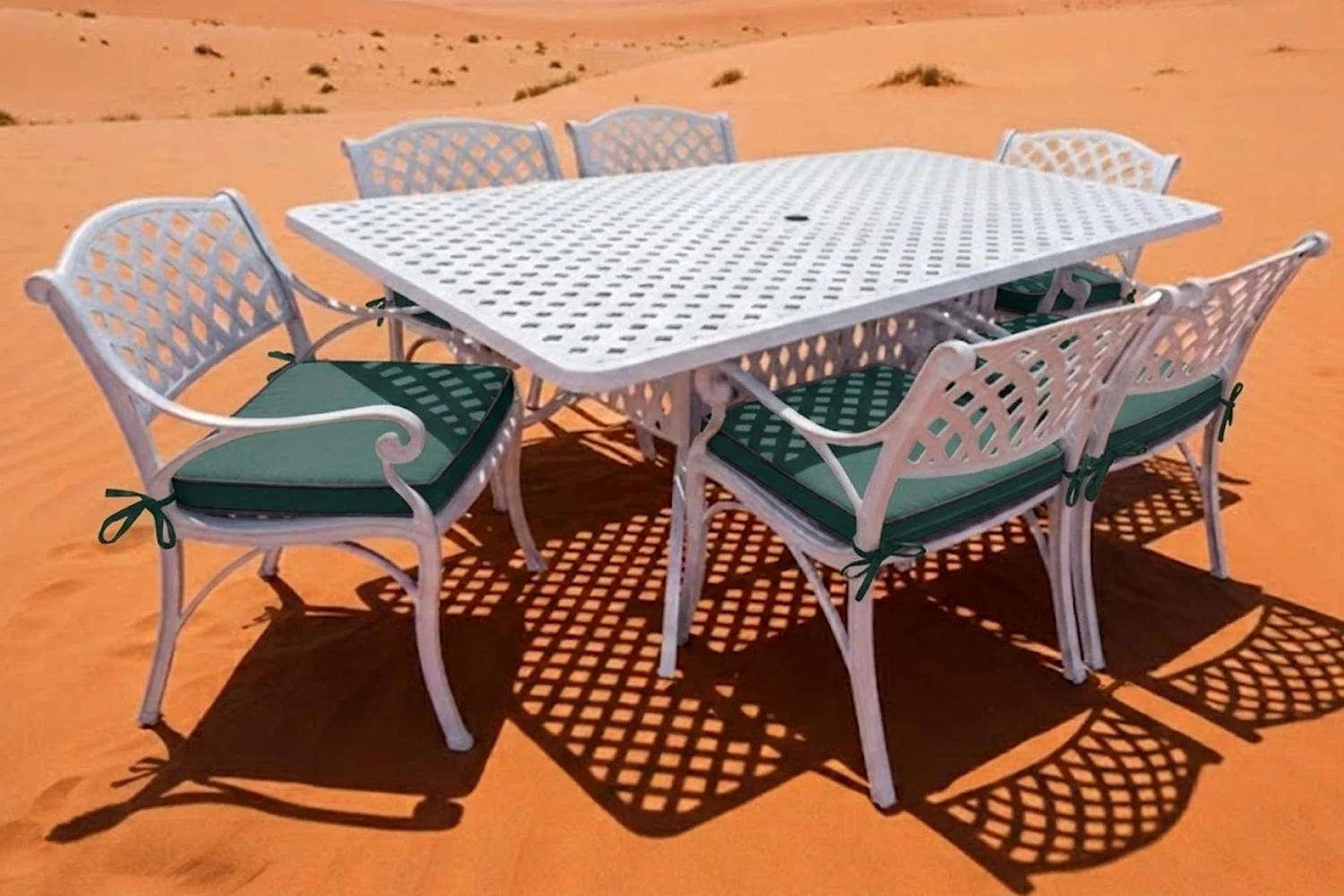 Cottage Aluminium Dining Set 6-Seater (White, Green Cushions)