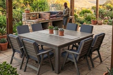 Aged Pine Patio Dining Set 8-Seater 1600mm Square | x1 Table + x8 Highback Chairs + Charcoal Seat & back Cushions (Undercover Only)