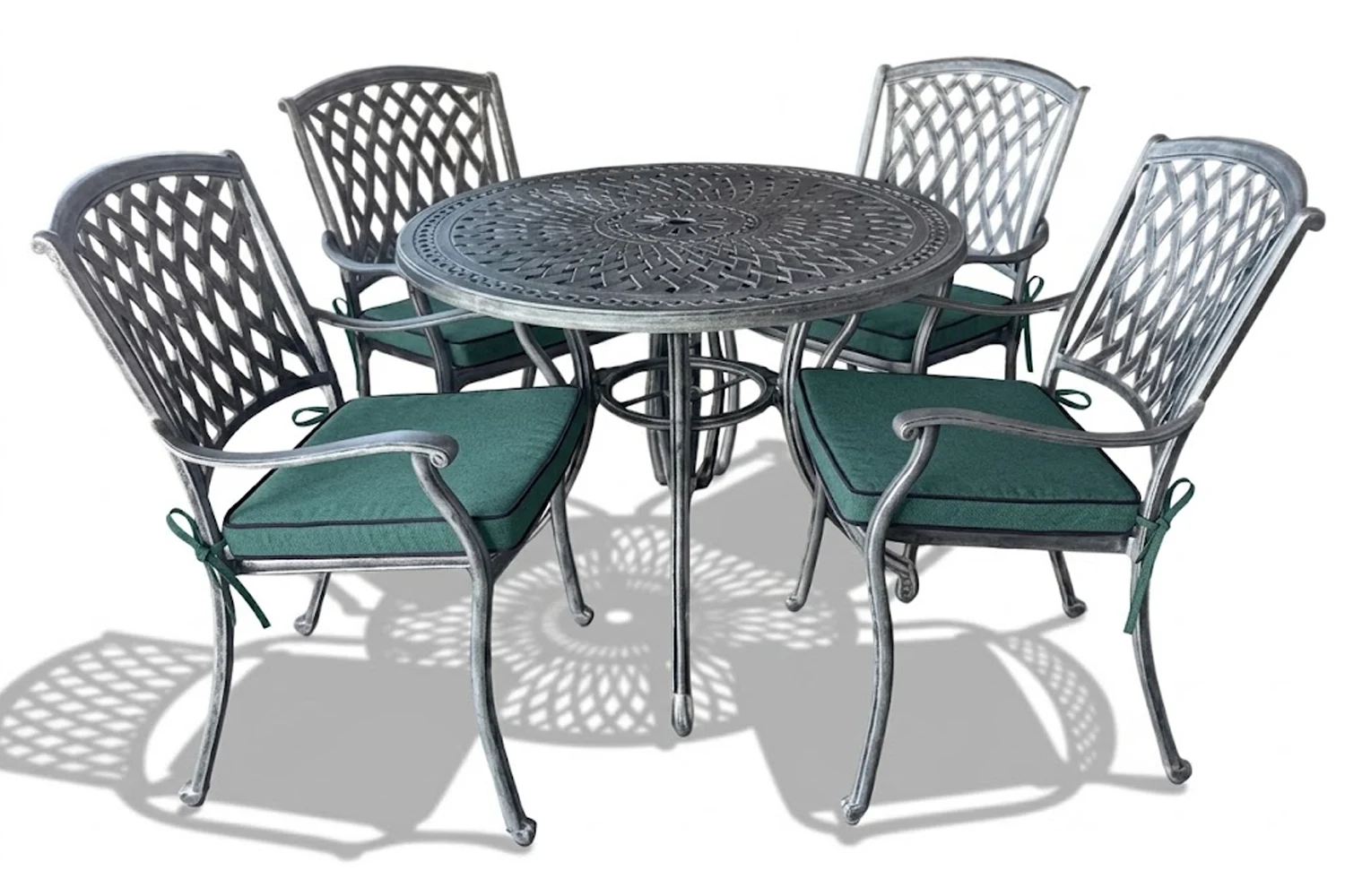 Tuscan Aluminium Dining Set 4-Seater 1000mm Round (Silver, Green Cushions)