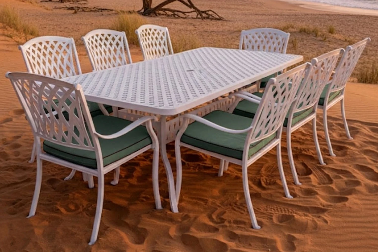 Tuscan Aluminium Dining Set 8-Seater (White, Green Cushions)