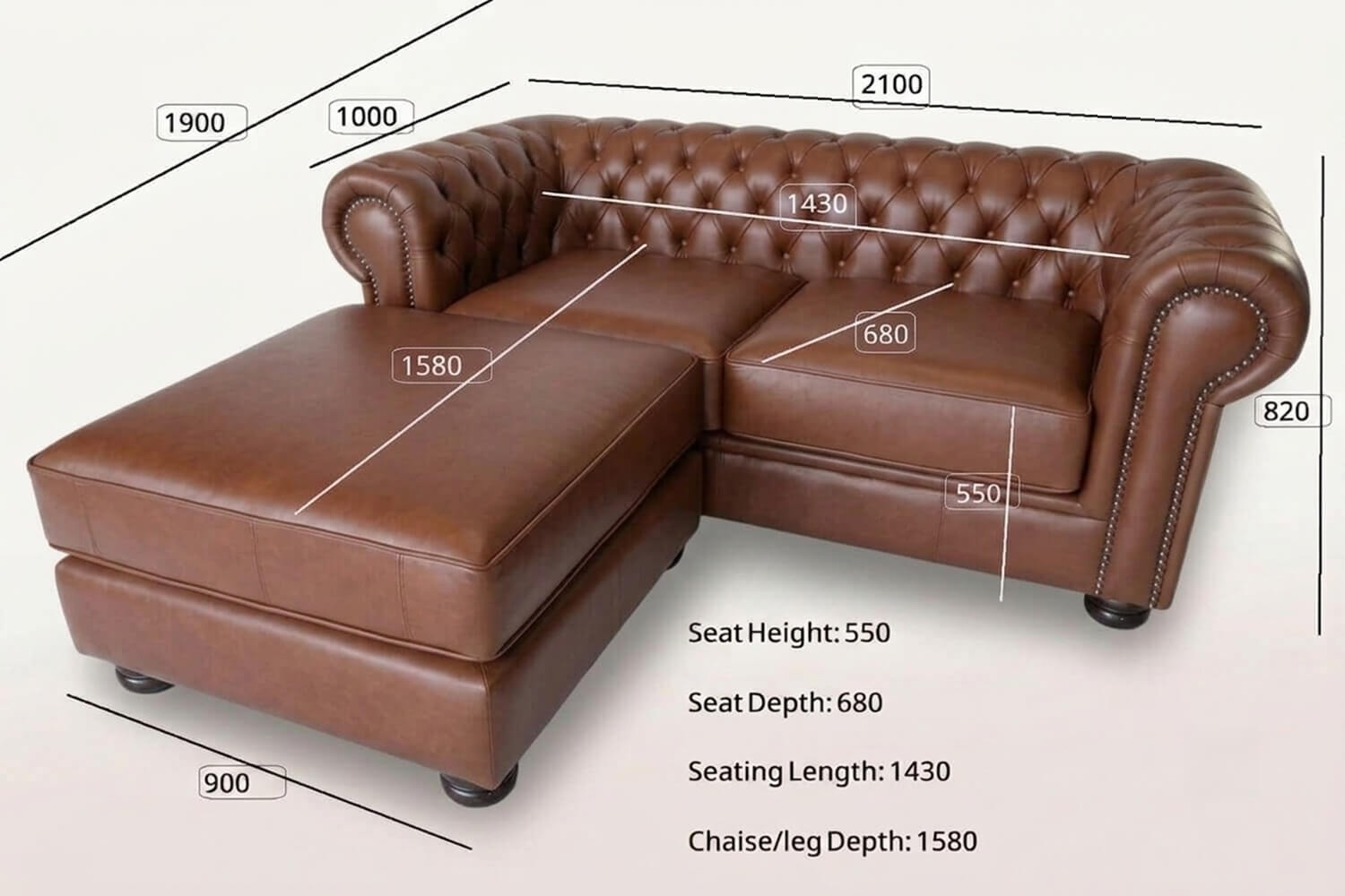 Chesterfield Genuine Leather Sofa 2-Seater with Universal Chaise (Vintage Cigar, XL Deep Seat) - Image 4