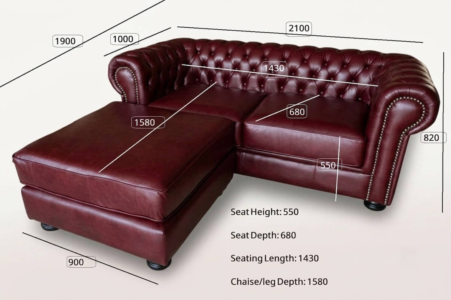 Chesterfield Genuine Leather Sofa 2-Seater with Universal Chaise (Vintage Wine, XL Deep Seat) - Image 4