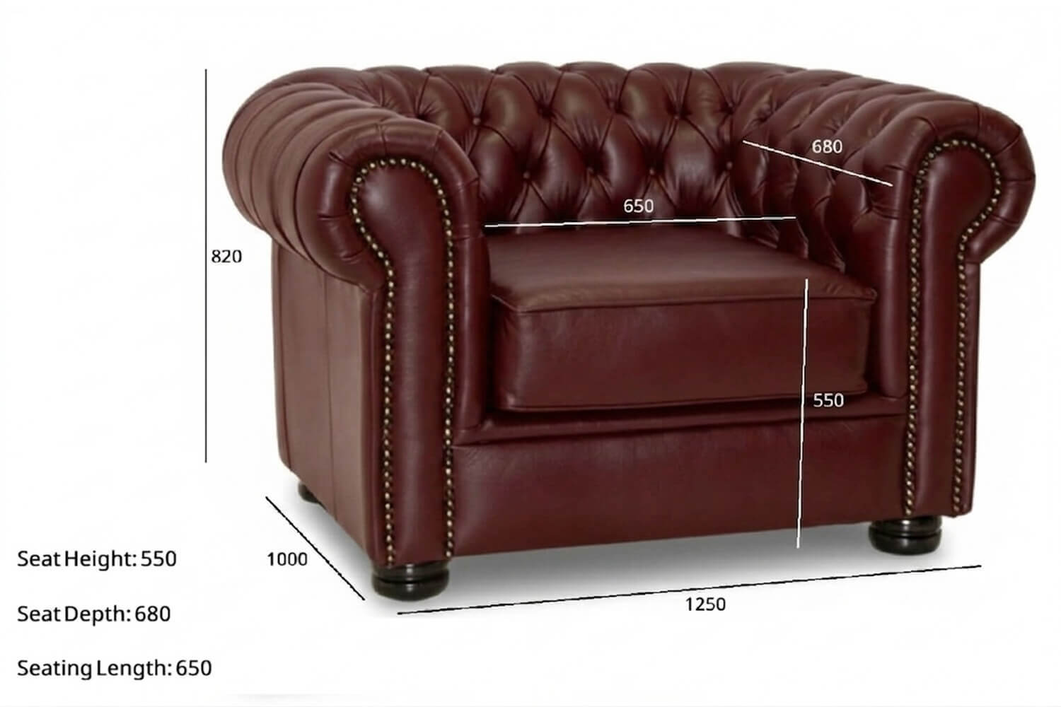 Chesterfield Genuine Leather Armchair (Vintage Wine, XL Deep Seat) - Image 2