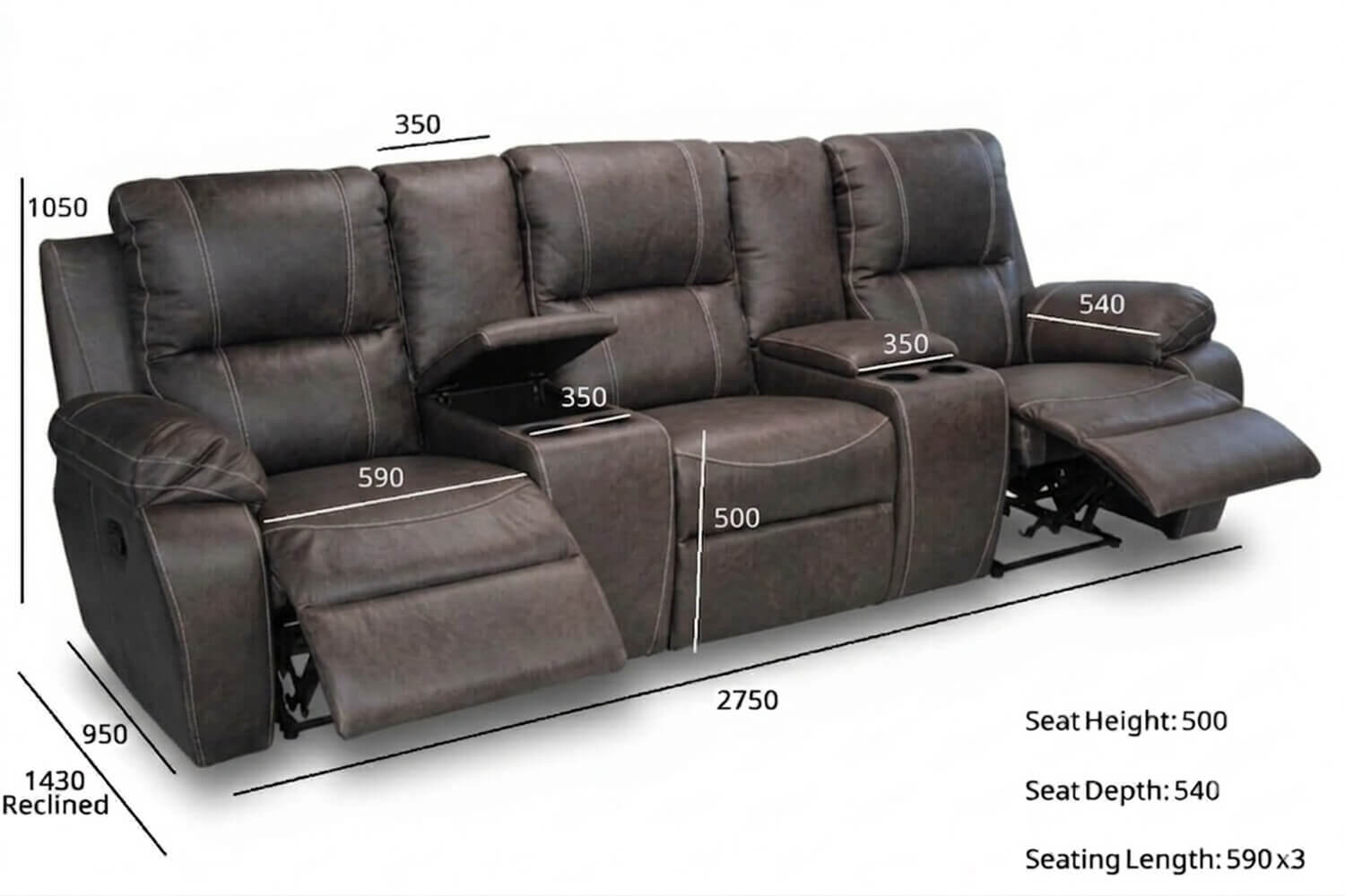 Premier Genuine Leather Recliner Sofa 3-Seater (2-Action, x2 Consoles, Exotic Brown) - Image 3