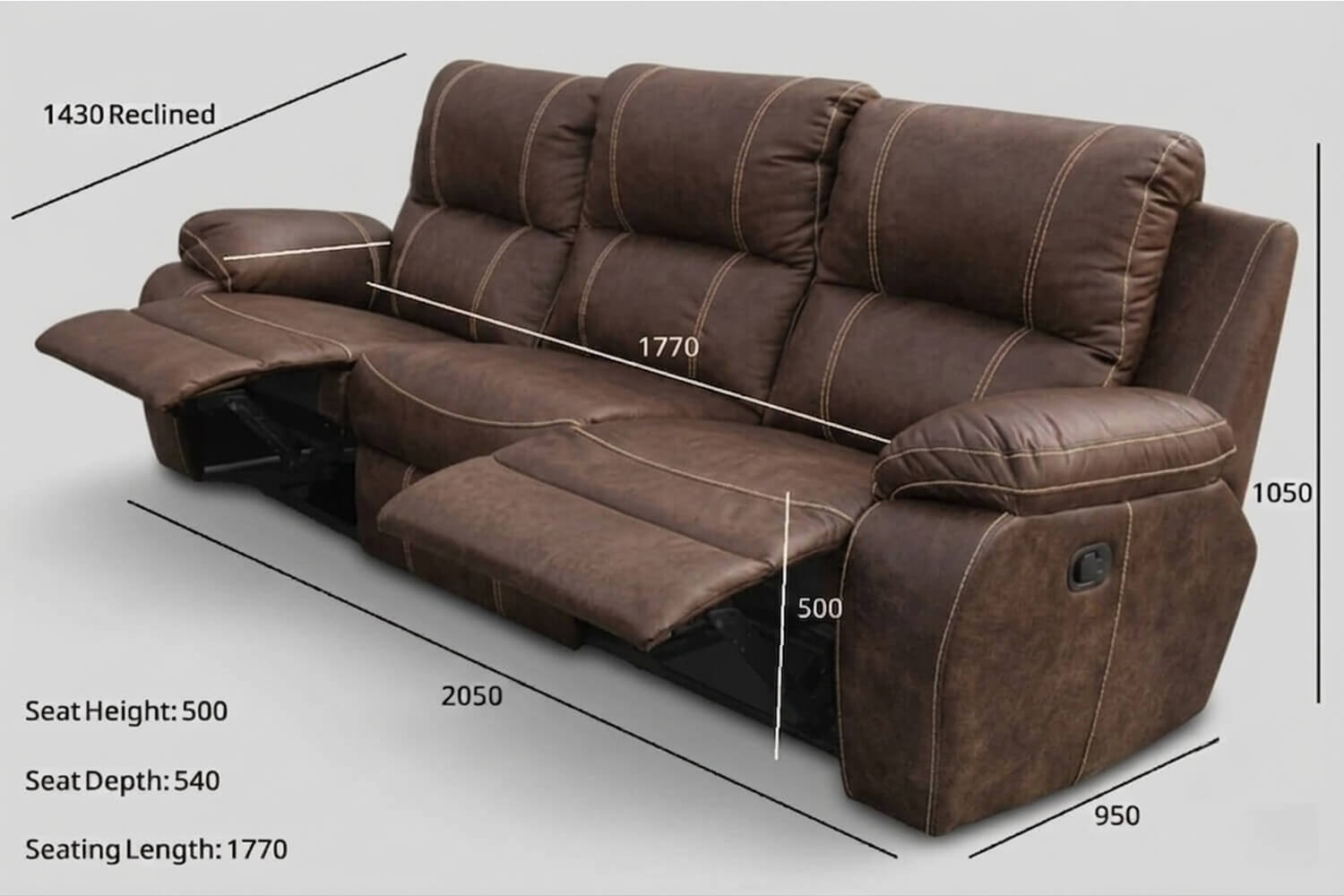 Premier Genuine Full Leather Recliner Sofa 3-Seater (2-Action, Exotic Brown) - Image 3