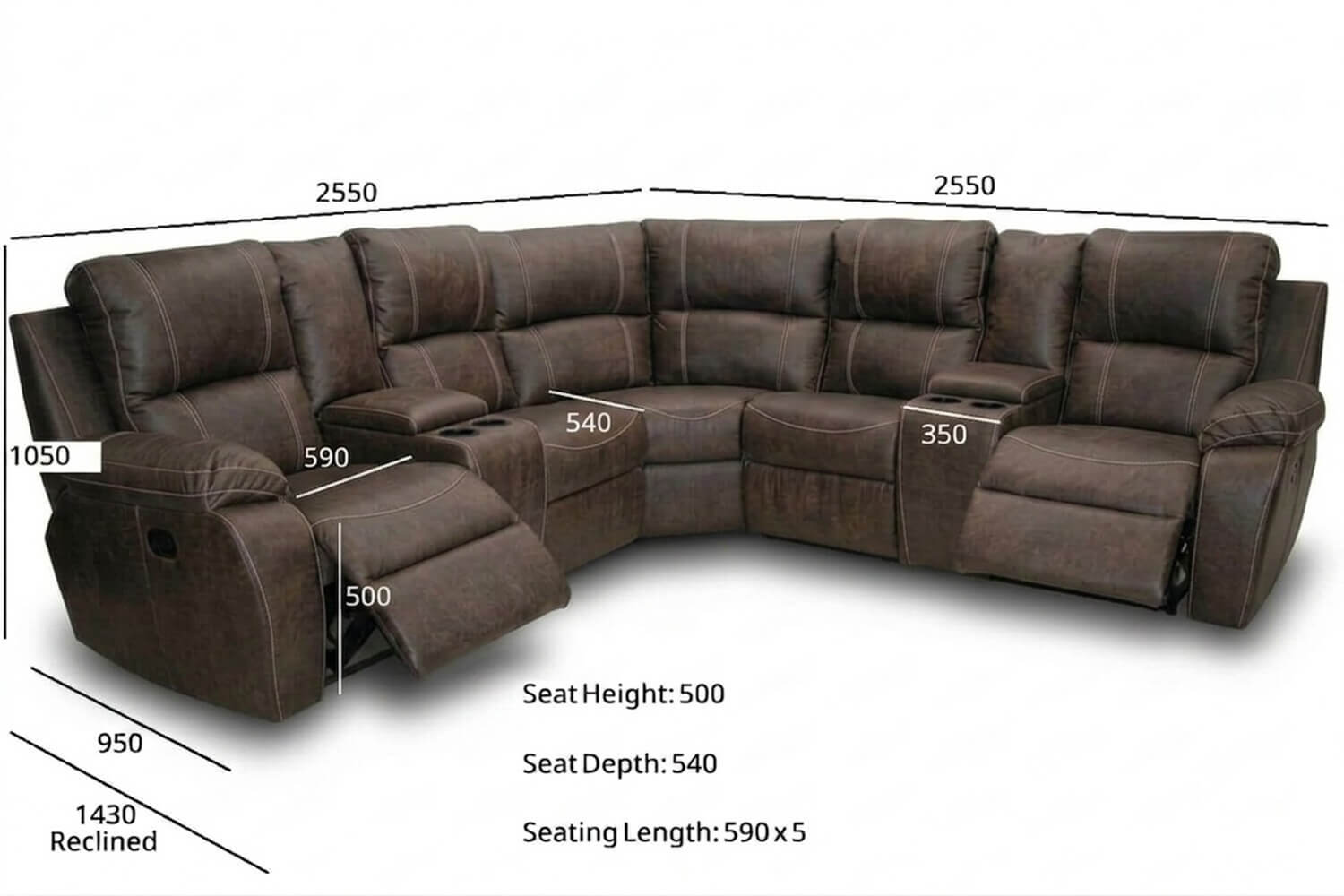 Premier Electric Genuine Leather Recliner Corner Lounge 5-Seater (2-Action, Exotic Brown, x2 Consoles) - Image 3